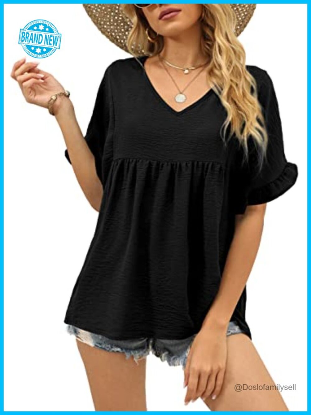 Womens V Neck Ruffle Sleeve Peplum Tunic T-Shirt Loose Fit Babydoll Top